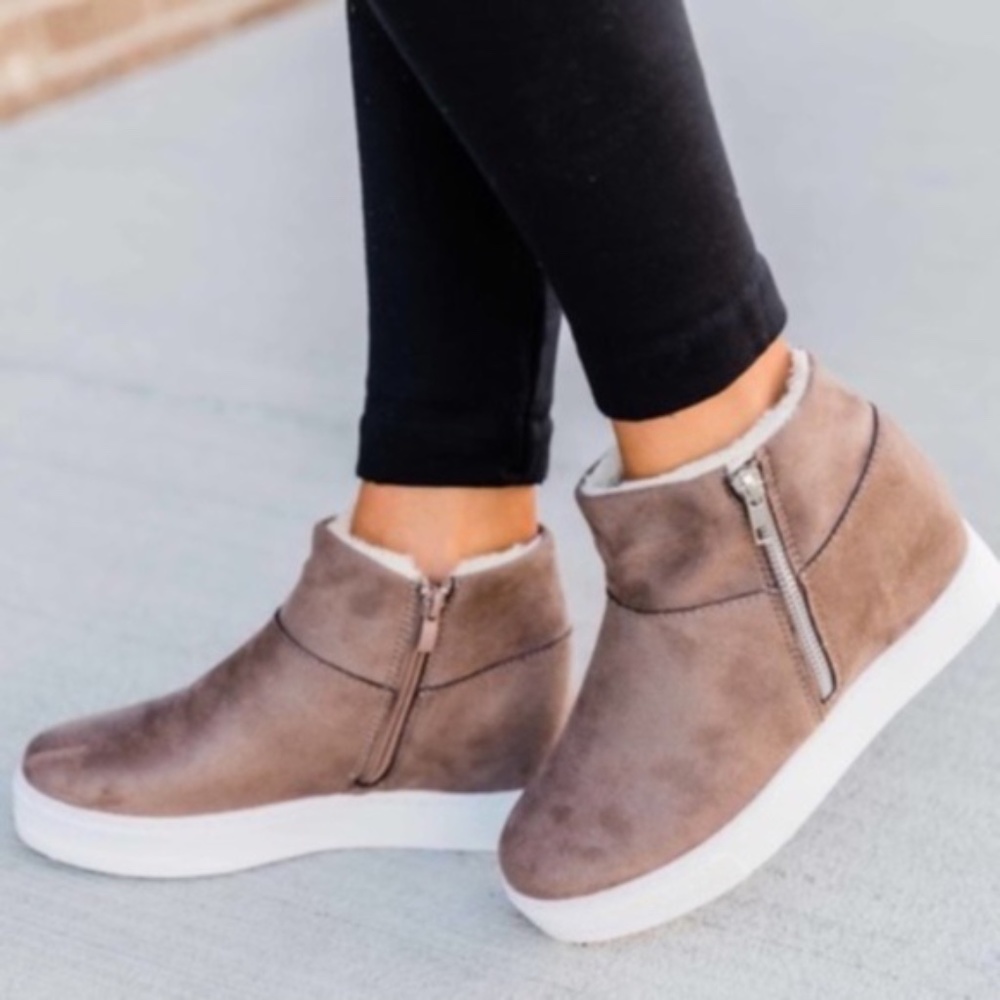 Taupe Faux Fur Lined Wedge Sneaker